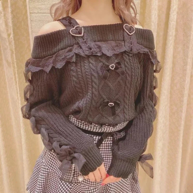 Sweet Lolita Knit Pullover with Lace Ruffles & Bows