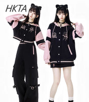 Sweet Cool Embroidery Pink Black Hoodies Baseball Slim Zipper Women Sweatshirt Jacket Loose Casual Trousers Sweet Mini Skirt Set SS69