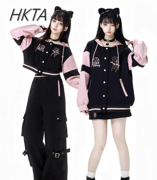 Sweet Cool Embroidery Pink Black Hoodies Baseball Slim Zipper Women Sweatshirt Jacket Loose Casual Trousers Sweet Mini Skirt Set SS69
