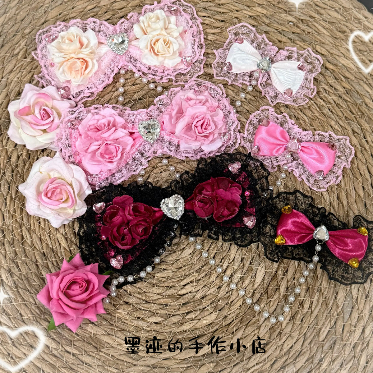 Lace Bow Hairpin with Pearl Chain & Floral Accents