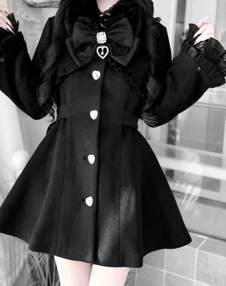 Japanese Mass-Produced Long Wool Collar Coat 20% Wool Waist-Cinching Sweet Girl Long Sleeve Slim Fit Elegant Lolita Woolen Coat
