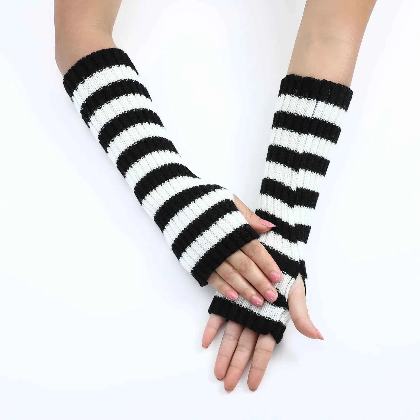 Women's Knitted Fingerless Arm Sleeves Gothic Style Striped Winter Long Arm Warmers Girls Harajuku Y2K Fashion Wrist Gloves