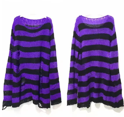 New Women's Punk Gothic Oversized Pullover Sweater Striped Hollow out Cool Harajuku Aesthetics Spring Autumn