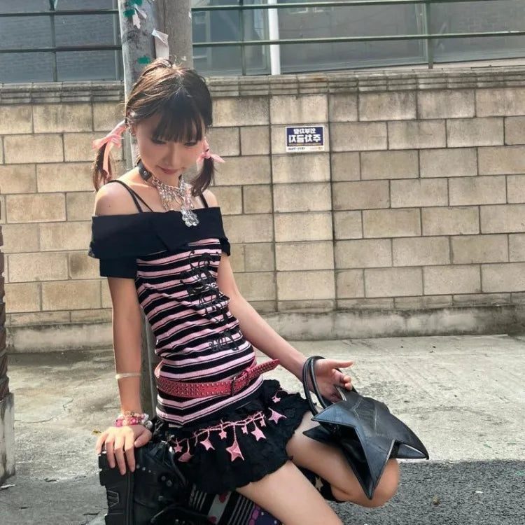 Slash Neck Black Pink Striped T-shirts 2025 Summer New Slim Waist Tops Women Y2k Grunge Off Shoulder Short Sleeve Tee Shirt SS69