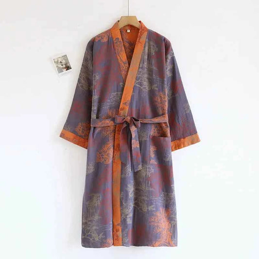 Cotton-colored Woven Jacquard Kimono Robes with Belt Loose Men's Long Sleeve Large Size Yukata Sweat-steamed Clothes