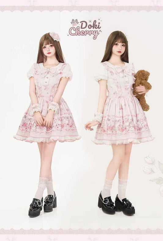 Original New Spring Summer Cute Print Short-sleeved Lolita OP Dress Japanese Sweet Girl Mass-produced Kawaii Bow Short Dresses