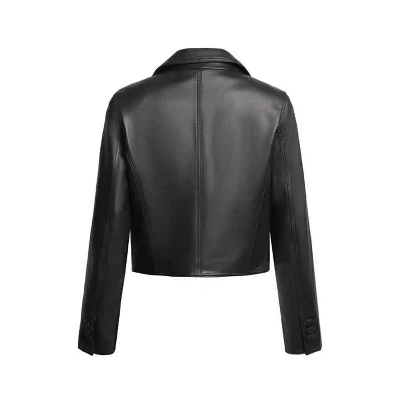 2024 New Short Genuine Leather Blazer Jackets for Women Fashion Pink Lapel Single Button Female Long Sleeve Sheepskin Jackets