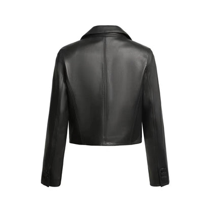 2024 New Short Genuine Leather Blazer Jackets for Women Fashion Pink Lapel Single Button Female Long Sleeve Sheepskin Jackets