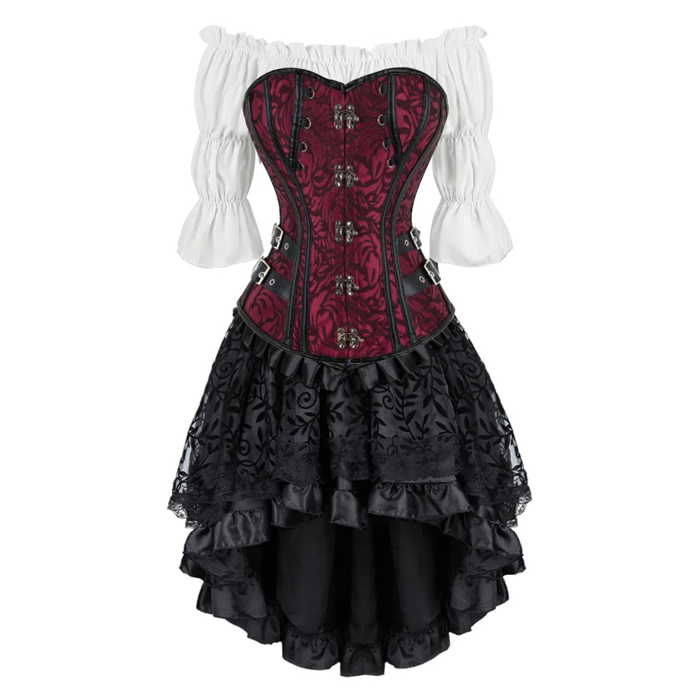 Brown Pirate Dress Plus Size Faxu Leather Steampunk Corset Dress with Shoulder Off Blouse Cosplay Pirate Costume for Women SS69 77.69 Red Black 3 / L