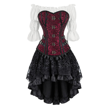 Brown Pirate Dress Plus Size Faxu Leather Steampunk Corset Dress with Shoulder Off Blouse Cosplay Pirate Costume for Women SS69 77.69 Red Black 3 / L