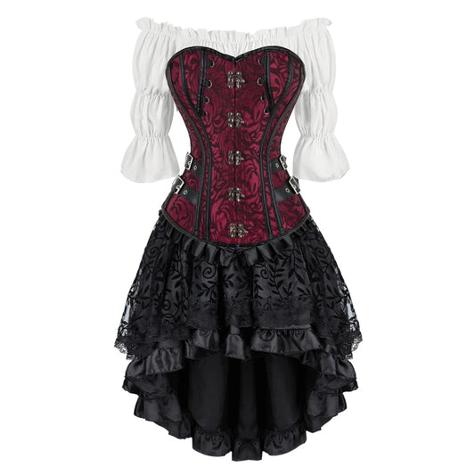 Brown Pirate Dress Plus Size Faxu Leather Steampunk Corset Dress with Shoulder Off Blouse Cosplay Pirate Costume for Women SS69 77.69 Red Black 3 / L