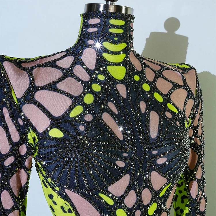Women's Green Rhinestone Bodysuit High Elasticity Dance Outfit