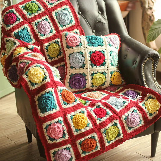 SS69 Handmade Crocheted Rose Acrylic Throw Blanket, 48x75cm Rustic Decor