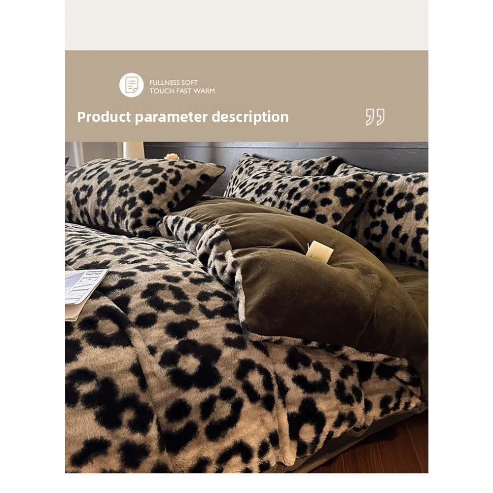 Leopard Print Plush Quilt Cover Set - Warm Coral Fleece