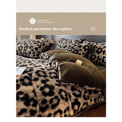 Four-piece Set Thickened Thermal Fleece Flange Coral Fleece Class A Leopard Print Rabbit Plush Quilt Cover Pillowcase Bed Sheet