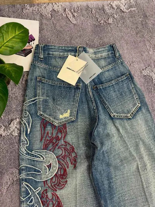 Y2K American New Pattern Embroidery Baggy Jeans Men High Street Vintage Hip Hop Fashion Casual Joker Couple Wide-leg Pants
