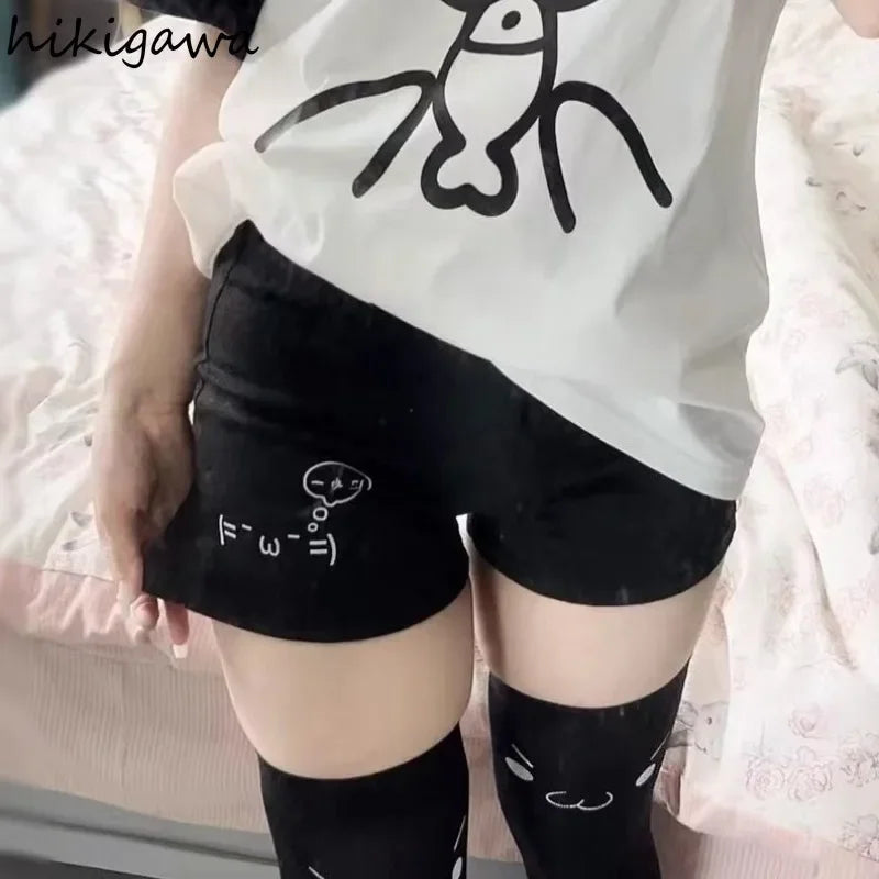 Cotton Shorts for Women Black Summer Pantalones Cortos De Mujer Print Japanese Fashion Casual Cute Pants 2025 New Bottoms 27x232 SS69