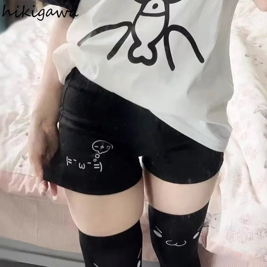 Cotton Shorts for Women Black Summer Pantalones Cortos De Mujer Print Japanese Fashion Casual Cute Pants 2025 New Bottoms 27x232 SS69