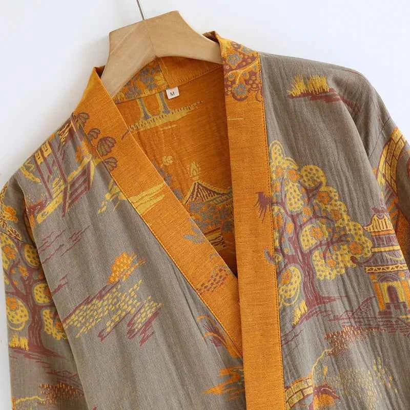 Cotton-colored Woven Jacquard Kimono Robes with Belt Loose Men's Long Sleeve Large Size Yukata Sweat-steamed Clothes