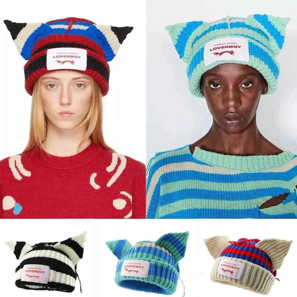Long fox Ears Knitted Hat Men Women Rabbit Ear Warm Crochet Beanies Kpop Hip Hop Hat Winter Skullies Cap Y2k Christmas Gifty