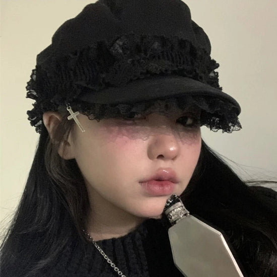 Japanese Women Double Layers Lace Beret Cap Fashion 2000s Girls Gothic Punk Cross Pendant Octagonal Hat Street Photography Hat SS69