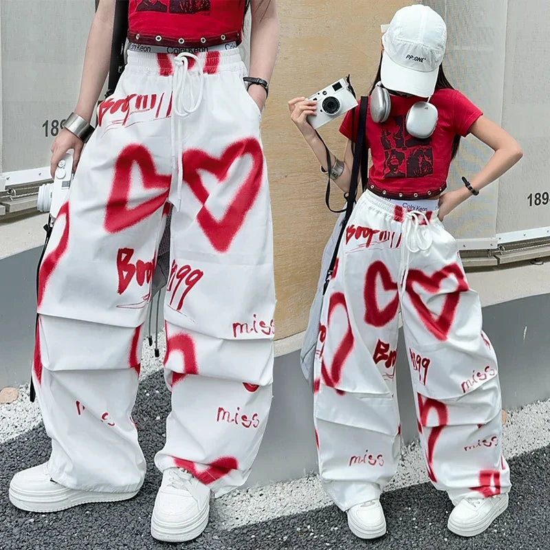 summer junior Girls Love Graffiti Casual Pants teenager girl Casual Hip Hop cargo pants kids Dance pants children clothes SS69