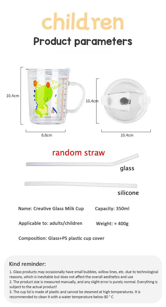 350ml Cute Unicorn Children Milk Cup With Scale Transparent Breakfast Cup With Straw Lid Cartoon Glass Cup For Kids Drinkware