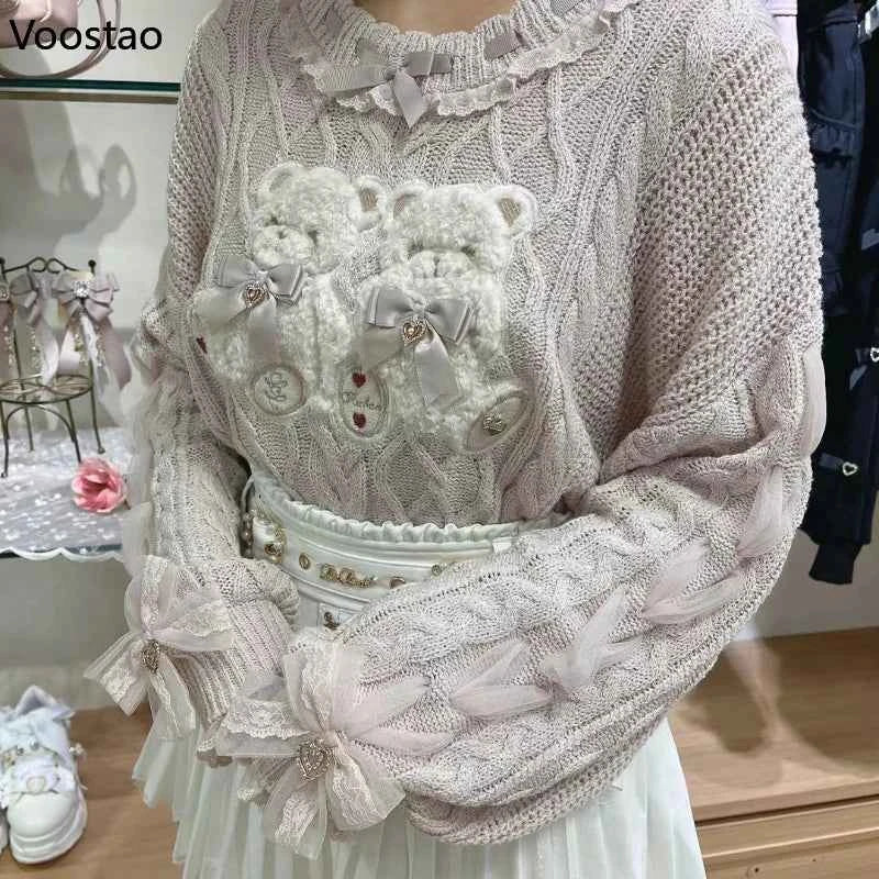 SS69 Vintage Sweet Lolita Bear Embroidery Bow Knit Sweater
