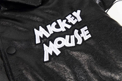Disney American Cartoon Mickey Embroidery Leather Jacket Men Women Autumn Winter Loose Casual Jacket Fashion Trend Couples Coat SS69