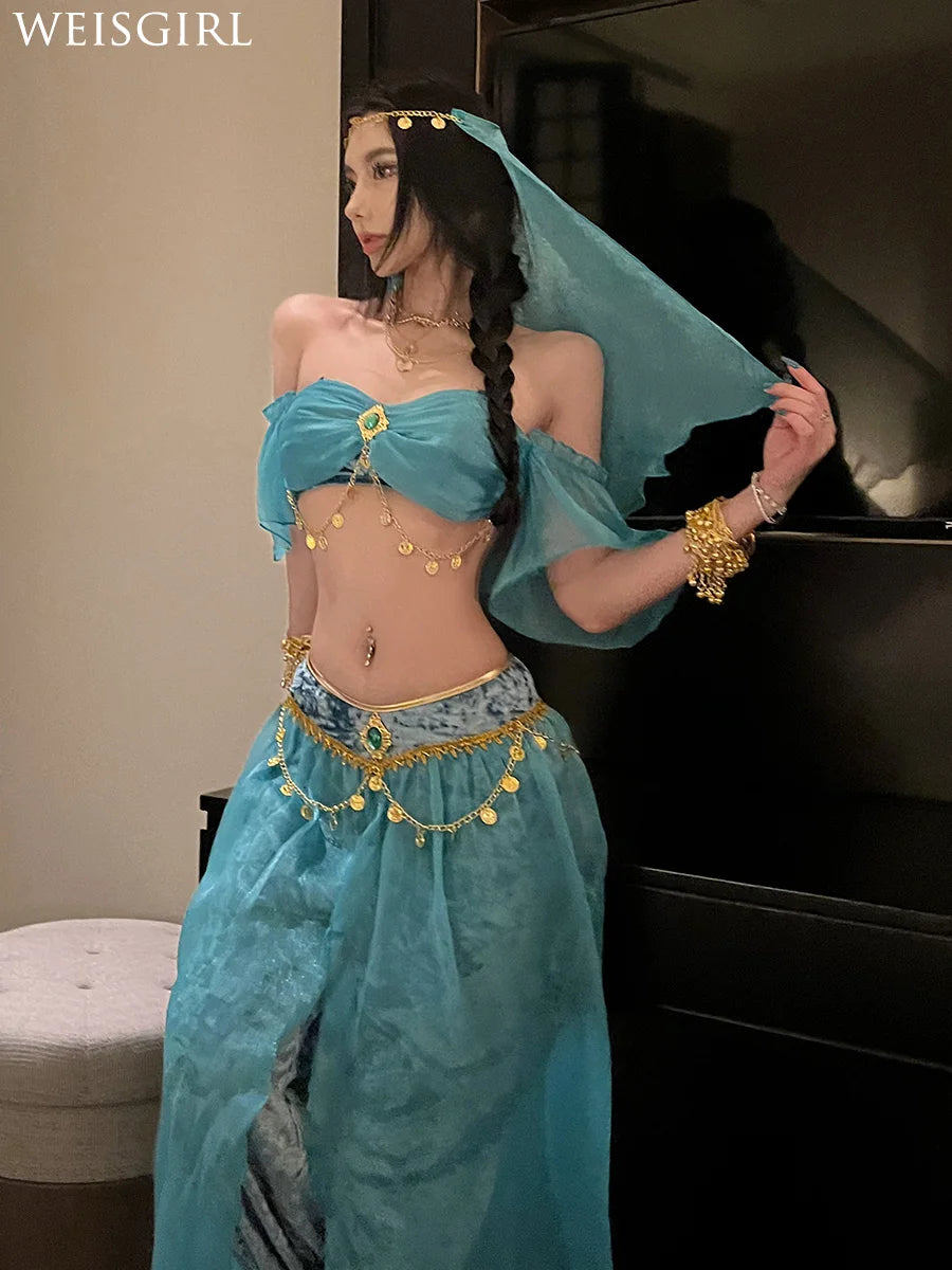 Belly Dance Costume Women's Sexy Arabian Princess Costume Fancy Indian Dance Embroider Bollywoods Jasmine Dress Egyptian Queen