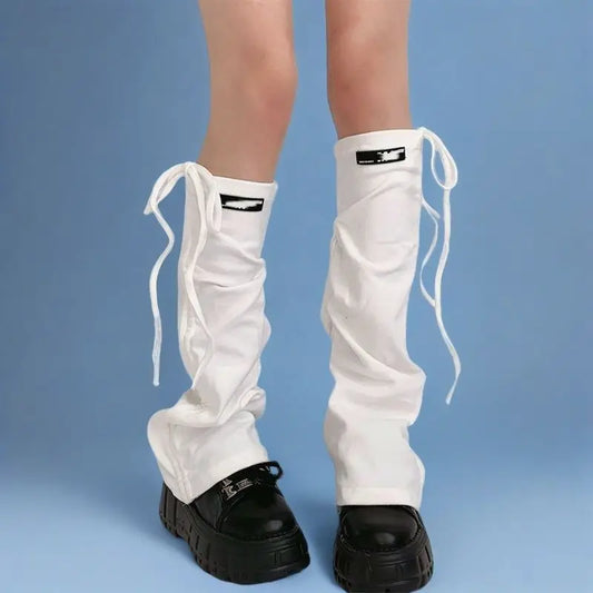 SS69 Y2K Knit Flare Leg Warmers with Adjustable Drawstring Strap, Grey