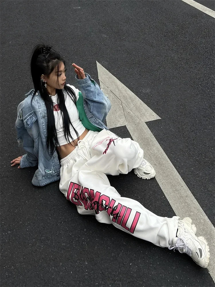 Korean Y2K Streetwear White Jogging Sweatpants Women Harajuku Sports Pants Oversized Hip Hop Letter Wide Leg Trousers - SS69