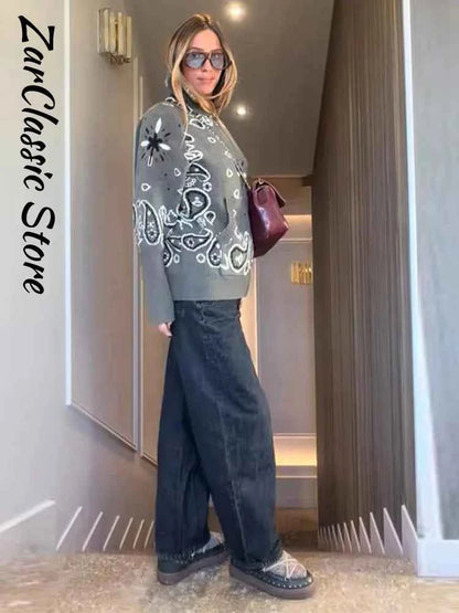 Warm Printed High Collar Knit Cardigans Women Contrast Jacquard Zipper Full Sleeve Pocket Sweater 2026 Spring Lady Chic Knitwear