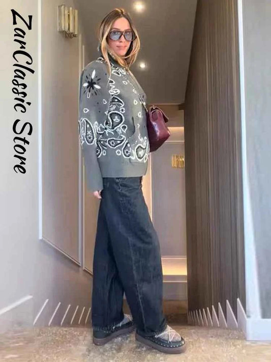 Warm Printed High Collar Knit Cardigans Women Contrast Jacquard Zipper Full Sleeve Pocket Sweater 2026 Spring Lady Chic Knitwear