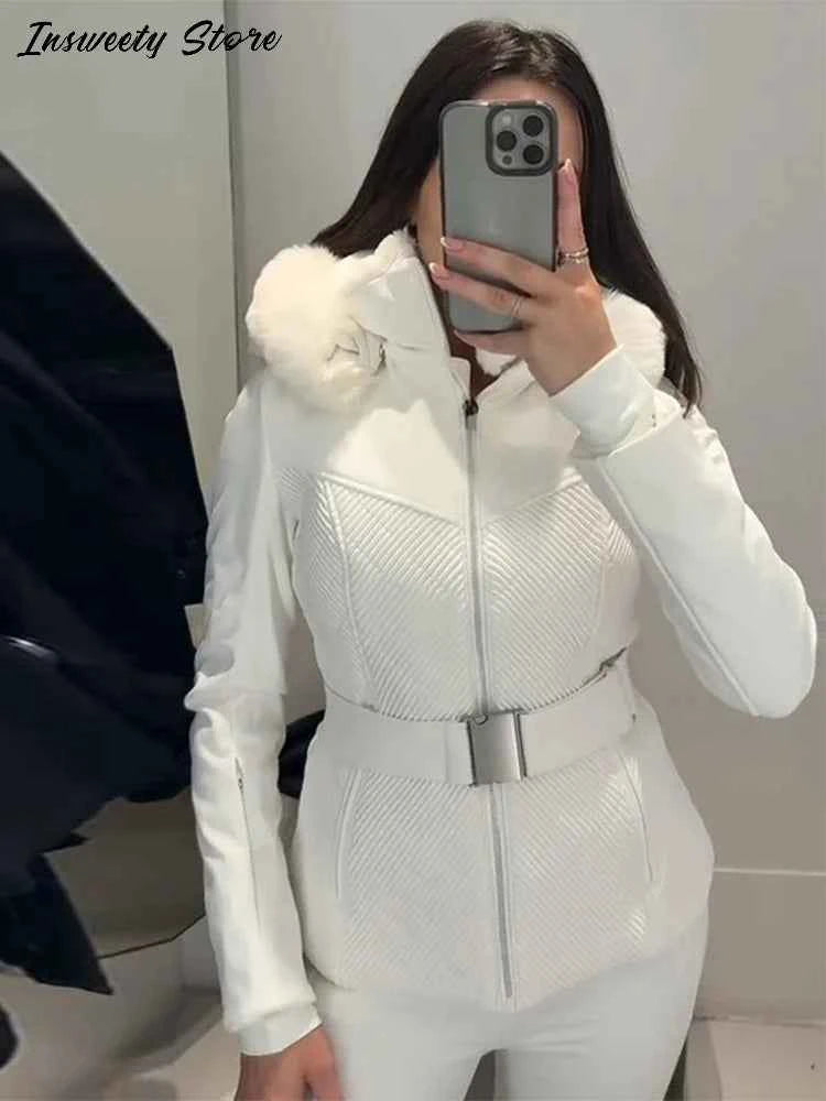 Fashion Solid Warm Ski Suit Women's Hood Fur Trim Full Sleeves Belt Coats High Waist Pants 2025 Winter Lady Windproof Tracksuit