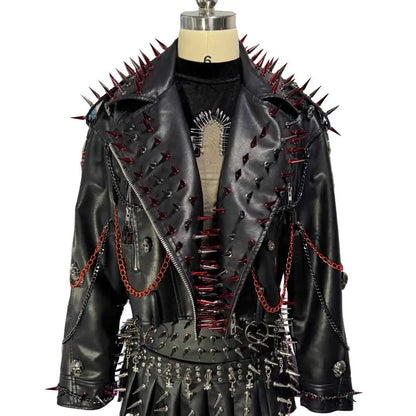 Women's Y2K Goth PU Leather Jacket Gothic Boho Emo Clothing with Spikes Punk Rock Grunge Festival Coat for Teens Spiked Clothes