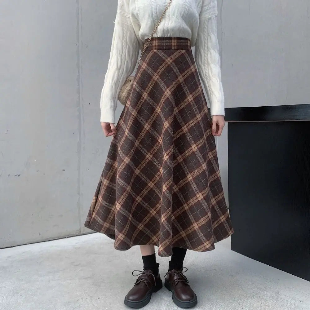 Elegant High Waist Retro Plaid Skirt Winter Autumu Classical High Waist Long Skirt Slim Fit Preppy Style A-line Half Dress Party