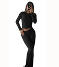 Women's Knit Yoga Set: Long-Sleeve Crop Top & Flared Pants