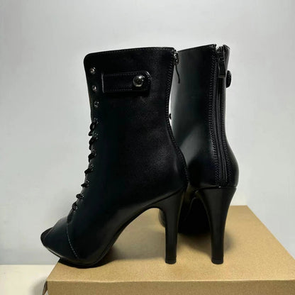 Women's Black Peep-Toe High Heel Stilettos Size 46 New Fashion Brand Party Boots for Ballroom Latin Jazz Dance Sexy Party Shoes SS69