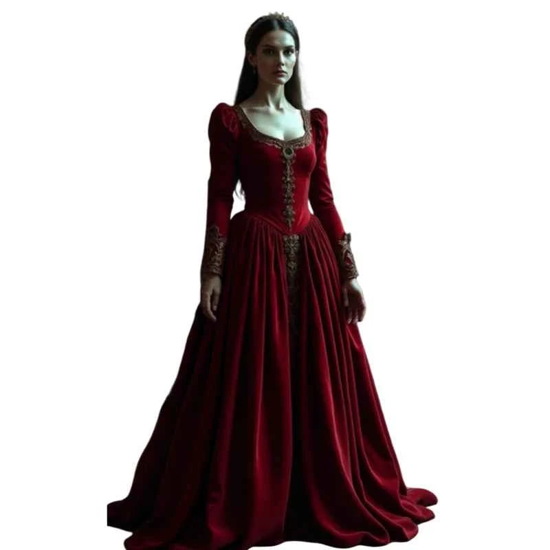 Vintage Baroque Evening Dresses Scoop Neckline Long Sleeves Satin Renaissance Prom Occasion Gown Masquerade Costume Customized