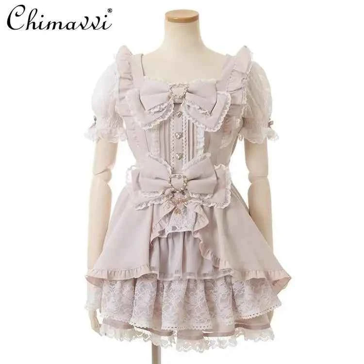 Liz New Japanese Lolita Princess Dress Set Spring Summer Big Bow Spring Summer Short Sleeve Slim Sweet Dress and Shorts Set