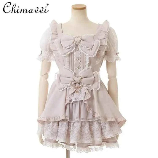 Liz New Japanese Lolita Princess Dress Set Spring Summer Big Bow Spring Summer Short Sleeve Slim Sweet Dress and Shorts Set