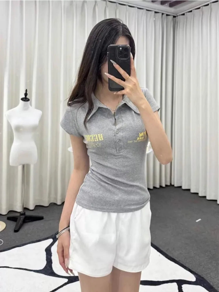 HOUZHOU Y2k Vintage Gray Letter Print Women T-Shirts Japanese 2000s Style Short Sleeve Cropped Tees Slim Streetwear Punk Summer