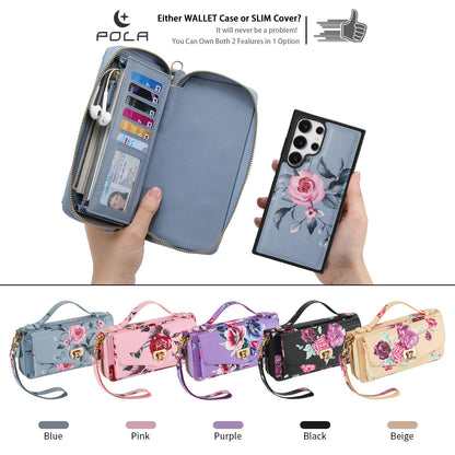 Phone Case Smartphone Android Cases Samsung Galaxy S25 Ultra Accessories Magsafe Wallet Luxury Lanyard Leather Zipper Flower Bag SS69