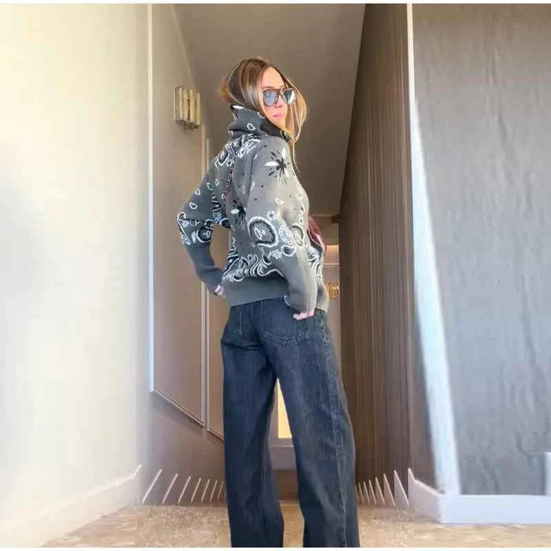 Warm Printed High Collar Knit Cardigans Women Contrast Jacquard Zipper Full Sleeve Pocket Sweater 2026 Spring Lady Chic Knitwear