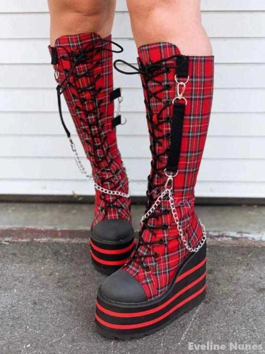 Canvas Check Platform Knee-high Boots Women Metal Chain Round Toe Wedges Cross Tied Lolita Heighten Shoes 2025 Lovely Sexy Boots