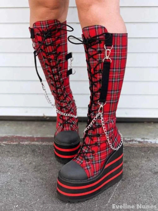 Canvas Check Platform Knee-high Boots Women Metal Chain Round Toe Wedges Cross Tied Lolita Heighten Shoes 2025 Lovely Sexy Boots
