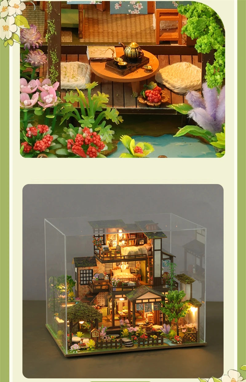 DIY Wooden Bamboo Spring Courtyard Casa Miniature Building Kits Bookend Assembled Dollhouses Bookshelf Home Decor Friends Gifts SS69