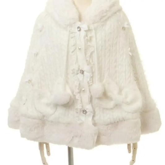 Godivana Lolita Faux Rabbit Fur Cape, Batwing Sleeve Hooded Jacket