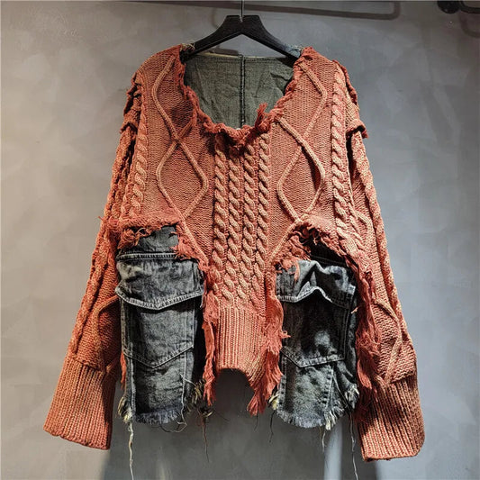 [EWQ] Vintage Long Sleeve Denim Pockets Patchwork V-Neck Orange-red Sweater Loose Tops Old Designs Women Pullover Knitted 6U1329 SS69